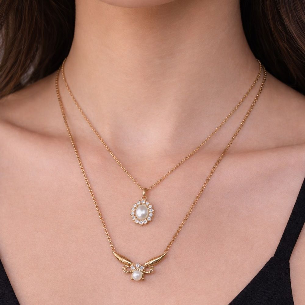 Two Gold Tone Pearl & Crystals Layering Necklaces